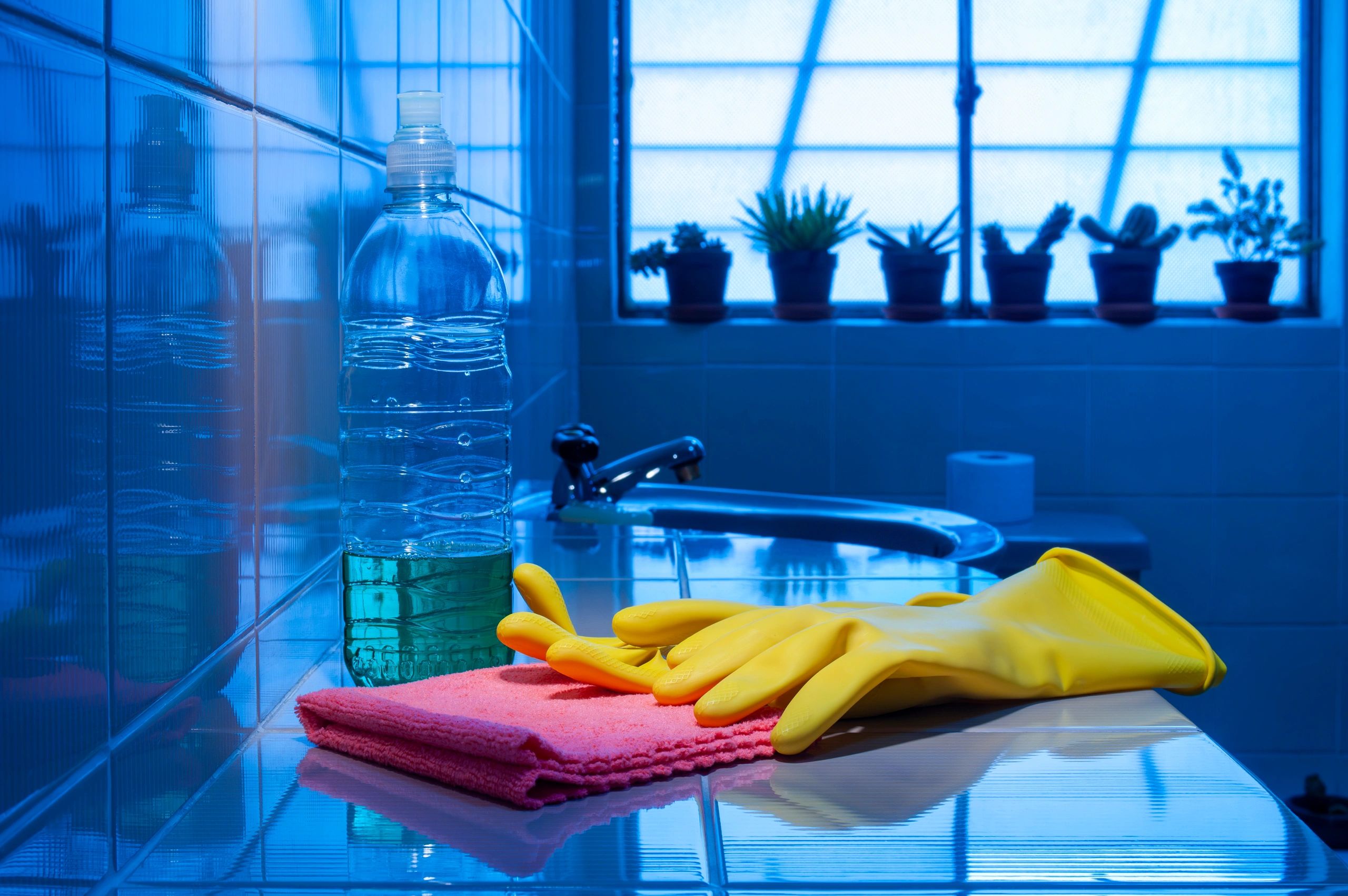 Close-up of cleaning products with rubber gloves and a microfiber cloth on a tiled bathroom countertop